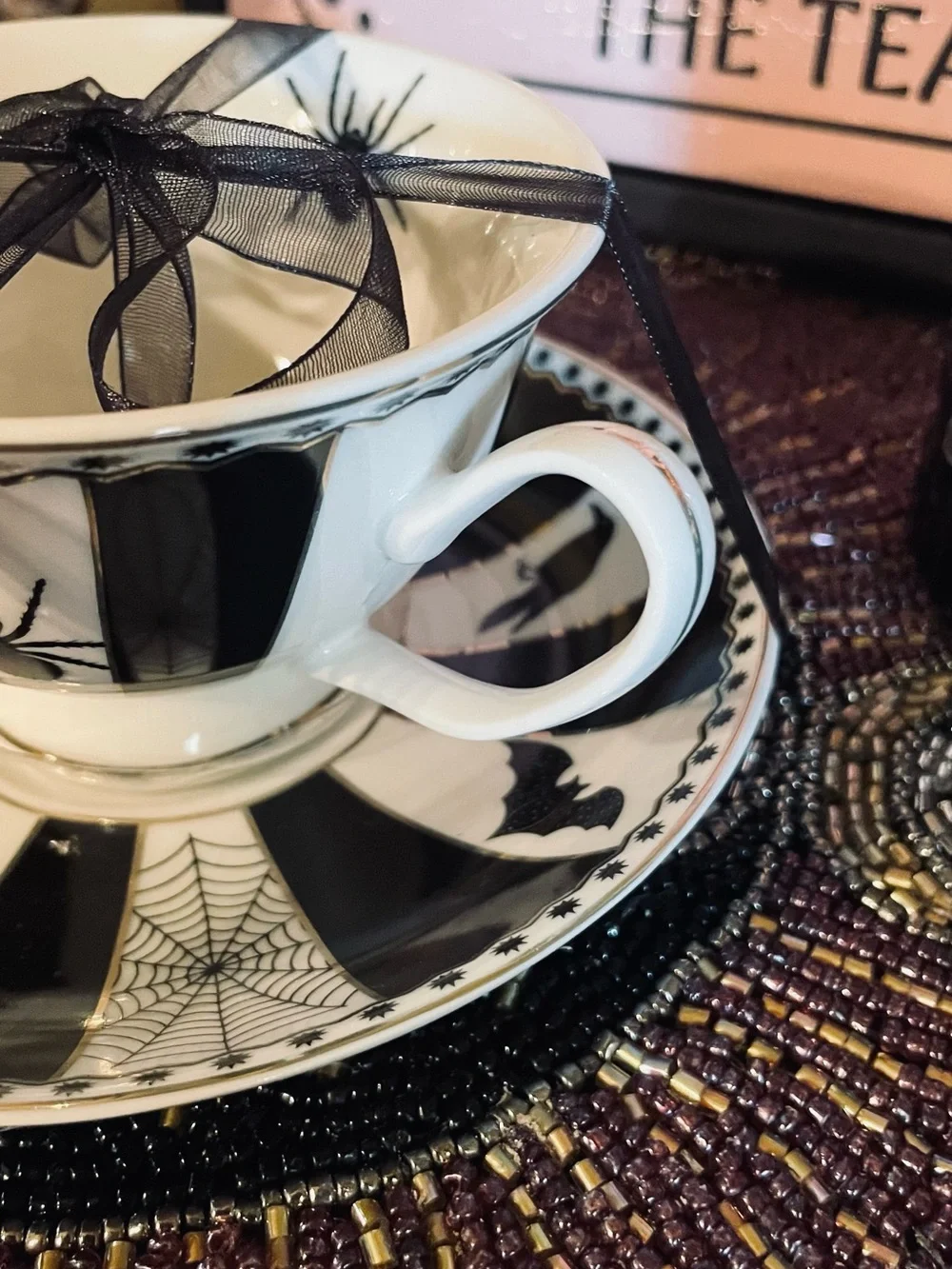 PARK CHATEAU NEW Gothic Spider Bats Halloween Porcelain Teacup and Saucer Set